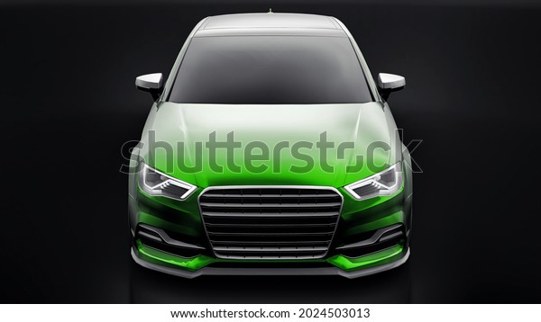 Super fast sports car color green metallic on\
a black background. Body shape sedan. Tuning is a version of an\
ordinary family car. 3d\
rendering.