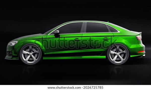 Super fast sports car color green metallic on\
a black background. Body shape sedan. Tuning is a version of an\
ordinary family car. 3d\
rendering.