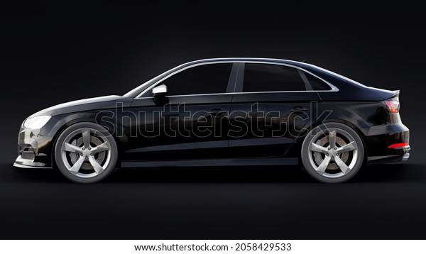 Super fast sports car color black metallic on a\
black background. Body shape sedan. Tuning is a version of an\
ordinary family car. 3d\
rendering