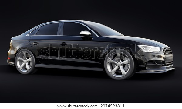 Super fast sports car color black metallic on a
black background. Body shape sedan. Tuning is a version of an
ordinary family car. 3d
rendering