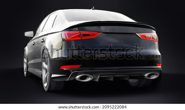 Super fast sports car color black metallic on a\
black background. Body shape sedan. Tuning is a version of an\
ordinary family car. 3d\
rendering