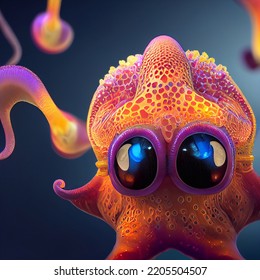 Super Funny Cartoon Style Octopus Wearing Diving Glasses 