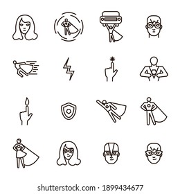 Super Hero Black Thin Line Icon Set Include Of Power, Costume, Mask And Heroic Person. Illustration Of Superhero