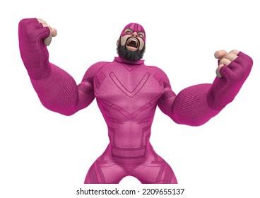 Super Hero Cartoon With Beard On Suit Is Angry. This Hiper Guy In Clipping Path Is Very Useful For Graphic Design Creations, 3d Illustration