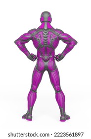 Super Hero In An Exosuit Is Doing A Power Pose Rear View, 3d Illustration