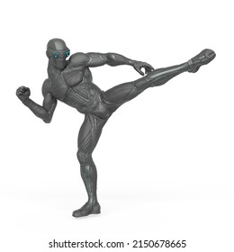 Super Hero In An Exosuit Is Doing A Side Kick, 3d Illustration