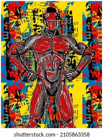 Super Hero In A Exosuit Got The Power In Popart Effect, 3d Illustration