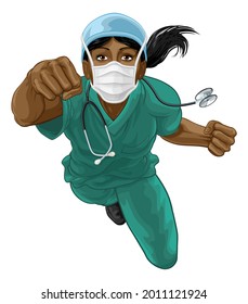 A Super Hero Woman Doctor Or Nurse Concept. A Female Medical Healthcare Professional As A Superhero Flying Through The Air. Wearing Face Mask PPE