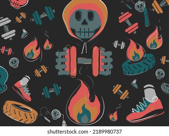 Super Lit Gym Workout Pattern With Skulls And Weights 