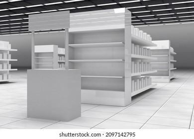 Super Market Aisle With Gondola And Promotion Stand With Shelf. 3d Image Rendering Illustration