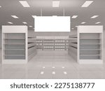 Super market hanging blank aisle sign banner for advertising front view. 3d rendering illustration.