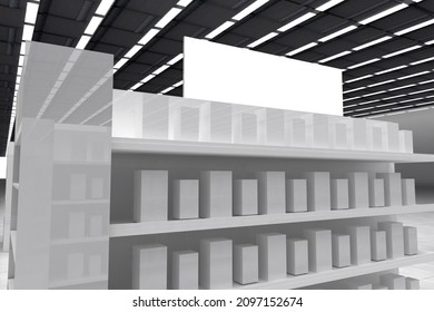 Super Market Shelf Frame Poster With Products. 3d Image Rendering Illustration