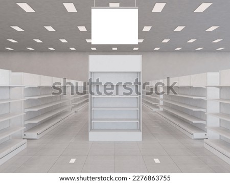 super market store interior aisle with a blank sign or advertising banner hanging from the ceiling and empty shelves. 3D rendering illustration Foto stock © 