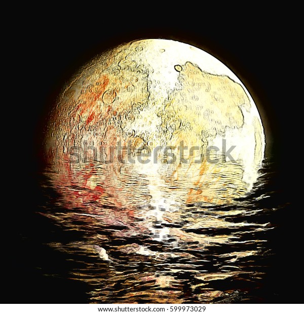 super moon abstraction, planet or moon with water\
reflection effect