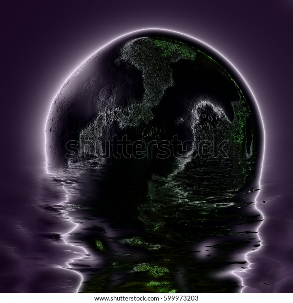 super moon abstraction, planet or moon with water\
reflection effect