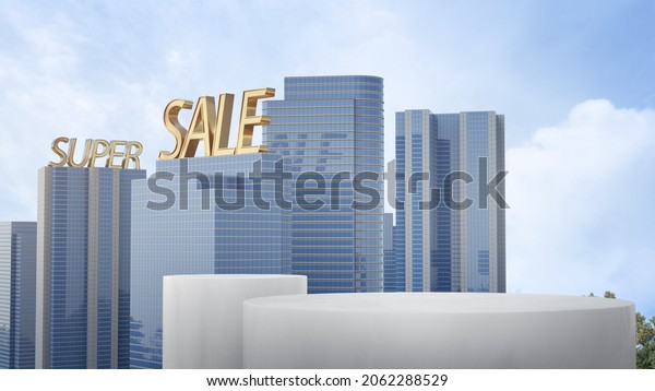 Super sale\
advertising text on shopping mall building and empty white floor\
podium for product display. 3D rendering of modern architecture\
facade with blue sky\
background.