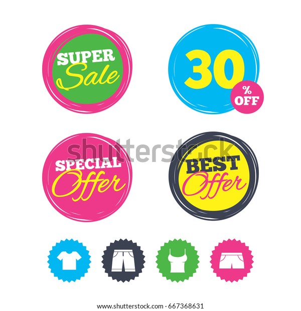 Super sale and best offer stickers. Clothes icons.\
T-shirt and bermuda shorts signs. Swimming trunks symbol. Shopping\
labels. 