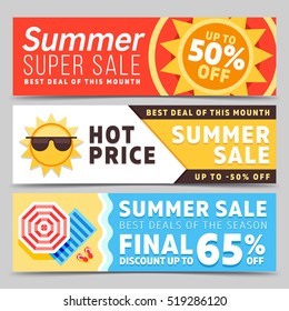 Super sale summer banners set with beach background umbrella, waves and sun