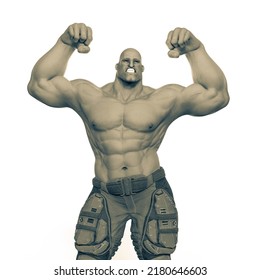 Super Soldier Doing A Full Gun Show Pose, 3d Illustration