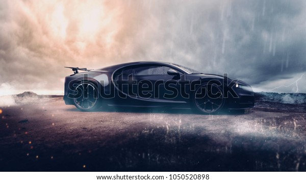 Super sports car - side view (with grunge\
overlay) - 3d\
illustration