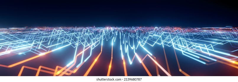 Super Wide Abstract Data Center, Server, Internet, Speed Background. Futuristic HUD Tunnel. Blue Technology Background With Copy Space. Display Screens For Tech Titles, Tech Headline. 3D Rendering