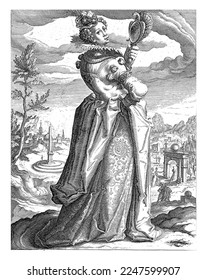 Superbia as standing woman  elegantly dressed  mirror decorated and peacock in the left hand  She looks over her right shoulder at the viewer 