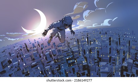 superboy flying in the sky over the big city at night, digital art style, illustration painting