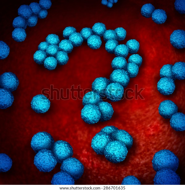 Superbug infection questions as multidrug resistant
bacteria or MRSA medical healthcare concept and antimicrobial
resistance health risk symbol of bacterium infection shaped as a
question mark.