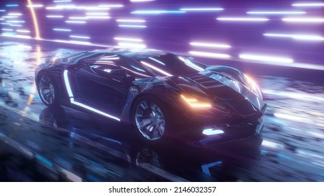 Supercar Racing Through Glowing Tunnel. Futuristic Sports Car High Speed Drive With Glowing Neon Background. 3D Render Of Technology, Motion And Future Of Transport Concept. 4k