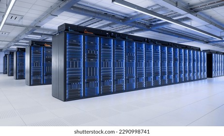 Supercomputer and Advanced Cloud Computing Concept. Inside Large Bright Working Data Center with Rows of Server Racks. Artificial Intelligence Training Cluster.