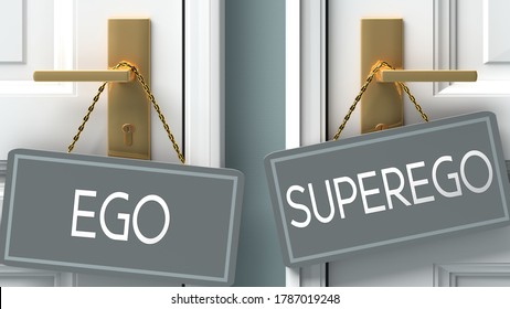 superego or ego as a choice in life - pictured as words ego, superego on doors to show that ego and superego are different options to choose from, 3d illustration