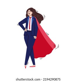 Superhero Businesswoman With Red Hero Cape Standing In Power Pose