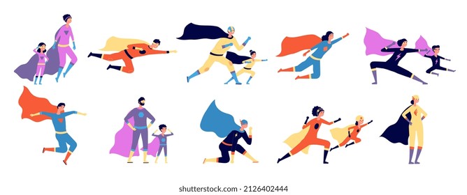 Superhero family. Parents kids in costume, strong super man characters. Isolated heroes father mother, utter cartoon power people set - Powered by Shutterstock