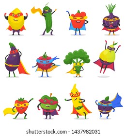 Superhero fruits fruity cartoon character of super hero expression vegetables with funny apple banana or pepper in mask illustration fruitful vegetarian diet set isolated on white background - Powered by Shutterstock