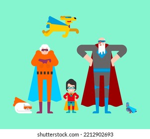 Superhero grandparents and grandson. Super grandparent in Cloak and mask. Superpowers old man. Grandfather and grandmother Cartoon style   - Powered by Shutterstock