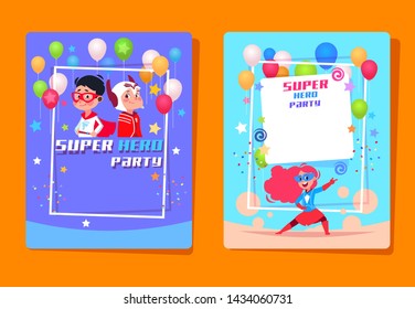 Superhero kids party. Preschool children in superheroes costumes. Birthday invitation background. Birthday party invitation card, costume superhero child illustration - Powered by Shutterstock