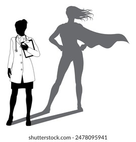 A superhero medical doctor woman health care worker revealed by her shadow silhouette as a super hero in a cape. - Powered by Shutterstock