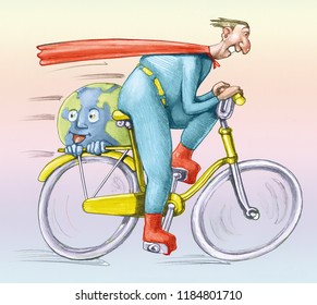 Superhero Races In Bicycle It Brings With If A Smiling And Happy World Humorous Conceptual Illustration Draw Of A Everyday Hero