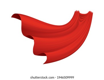 Superhero red cape on white background. Scarlet fabric silk cloak. Mantle costume or cover cartoon  illustration. Flying carnival clothes