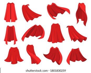 Superhero red cape. Scarlet fabric silk cloak in different position, front back and side view. Mantle costume, magic cover cartoon  set. Satin flowing and flying carnival vampire clothes
