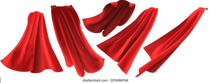 Superhero red cape set isolated on white background. 3D rendering. Front, back and side view. Superpower concept.