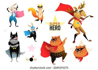 Superhero zoo animals party collection, bear, moose, bunny, rabbit, wolf. Brave and silly animal characters party performance wearing mask and cape, cartoon for kids. - Powered by Shutterstock