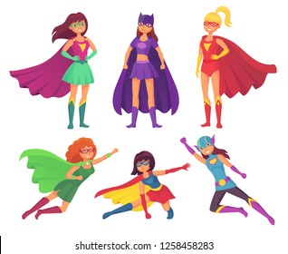 Superheroes women characters. Wonder female hero character in superhero costume with waving cloak mantel disguise fitness female muscular pose game figure. Super girls cartoon  isolated icon set