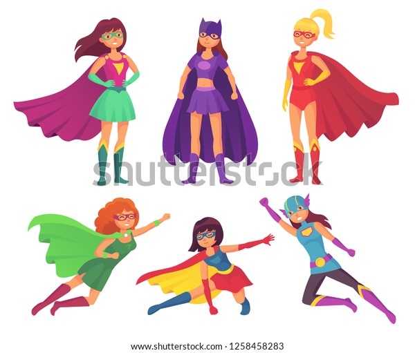 女性のキャラクターをスーパーヒーローに なびくマントルマントル姿のスーパーヒーロー姿の女性ヒーローキャラクター スーパーガールズ の漫画のアイコンセット のイラスト素材