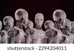 Superintelligent God-like AI develops autonomously. Artificial intelligence godlike could become a threat to the human race. A red-eye robot in the dark turns and looks at the camera.