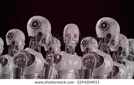 Superintelligent God-like AI develops autonomously. Artificial intelligence godlike could become a threat to the human race. A red-eye robot in the dark turns and looks at the camera. 商業照片 © 