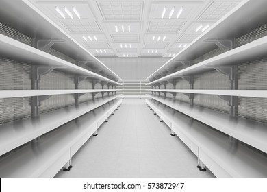 Supermarket aisle with empty shelves. 3d render