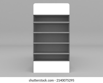 Supermarket Aisle With Shelves And Top And Bottom Empty Posters Display. 3d Rendering Illustration