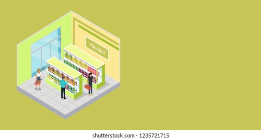 Supermarket alcohol department isometric projection banner. Customers choosing goods in grocery store trading hall  illustration. Daily products shopping horizontal concept for mall landing page - Powered by Shutterstock