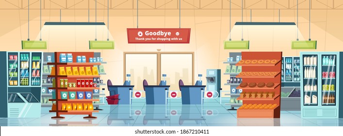 Supermarket background. Grocery store products gastronomy food retail refrigerators inside mall rooms cartoon